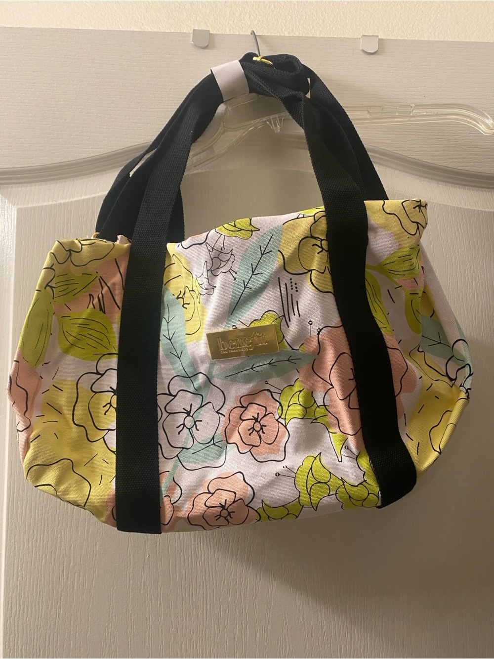 Benefit Floral Canvas Tote in Pastel Yellow, Pink, Mint with Black Straps